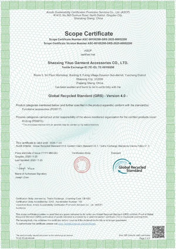 GRS Global Recycled Standard Certificate