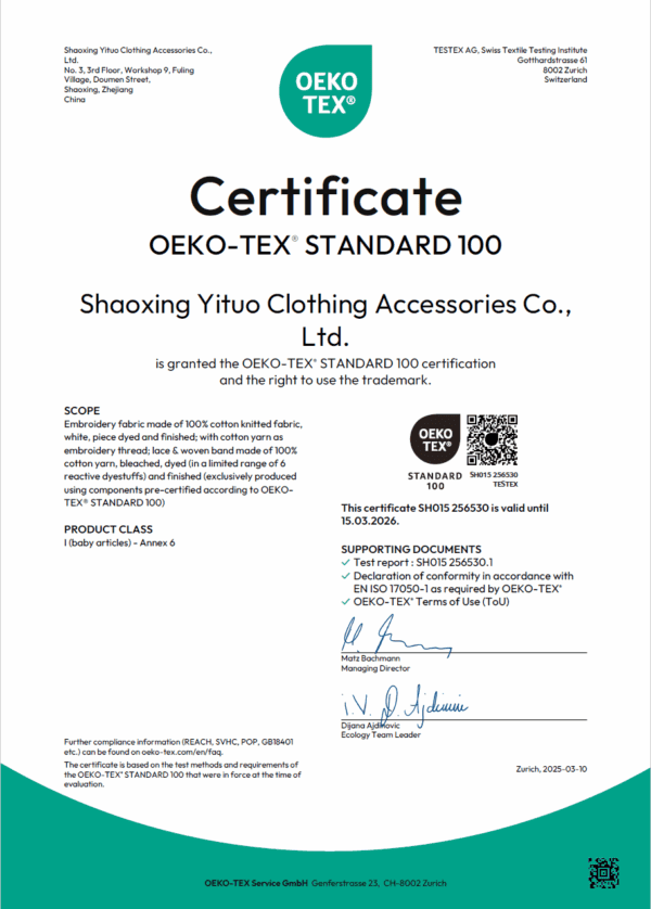 OEKO-TEX Standard 100 Certificate